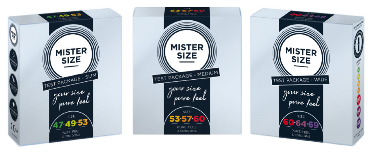 Tres paquetes de prueba de preservativos Mister Size diferentes