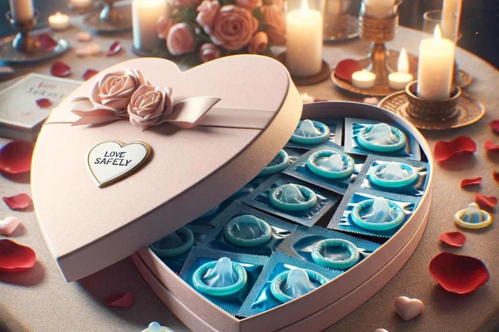 Preservativos en una caja con forma de corazón para San Valentín